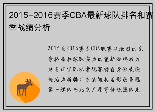 2015-2016赛季CBA最新球队排名和赛季战绩分析
