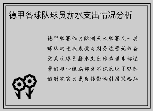 德甲各球队球员薪水支出情况分析